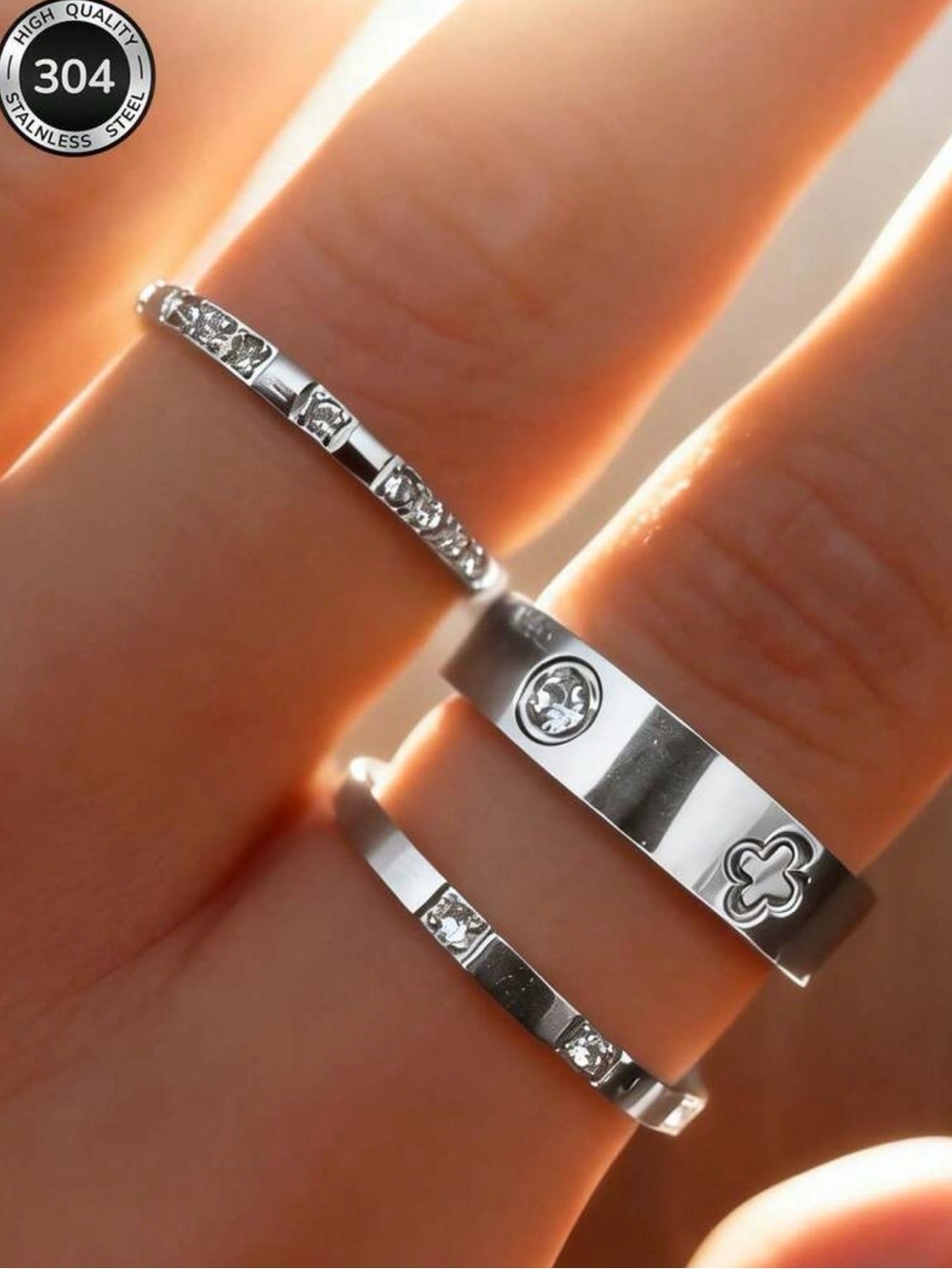 Trendy Trio Ring Set - Dainty Floral Accent